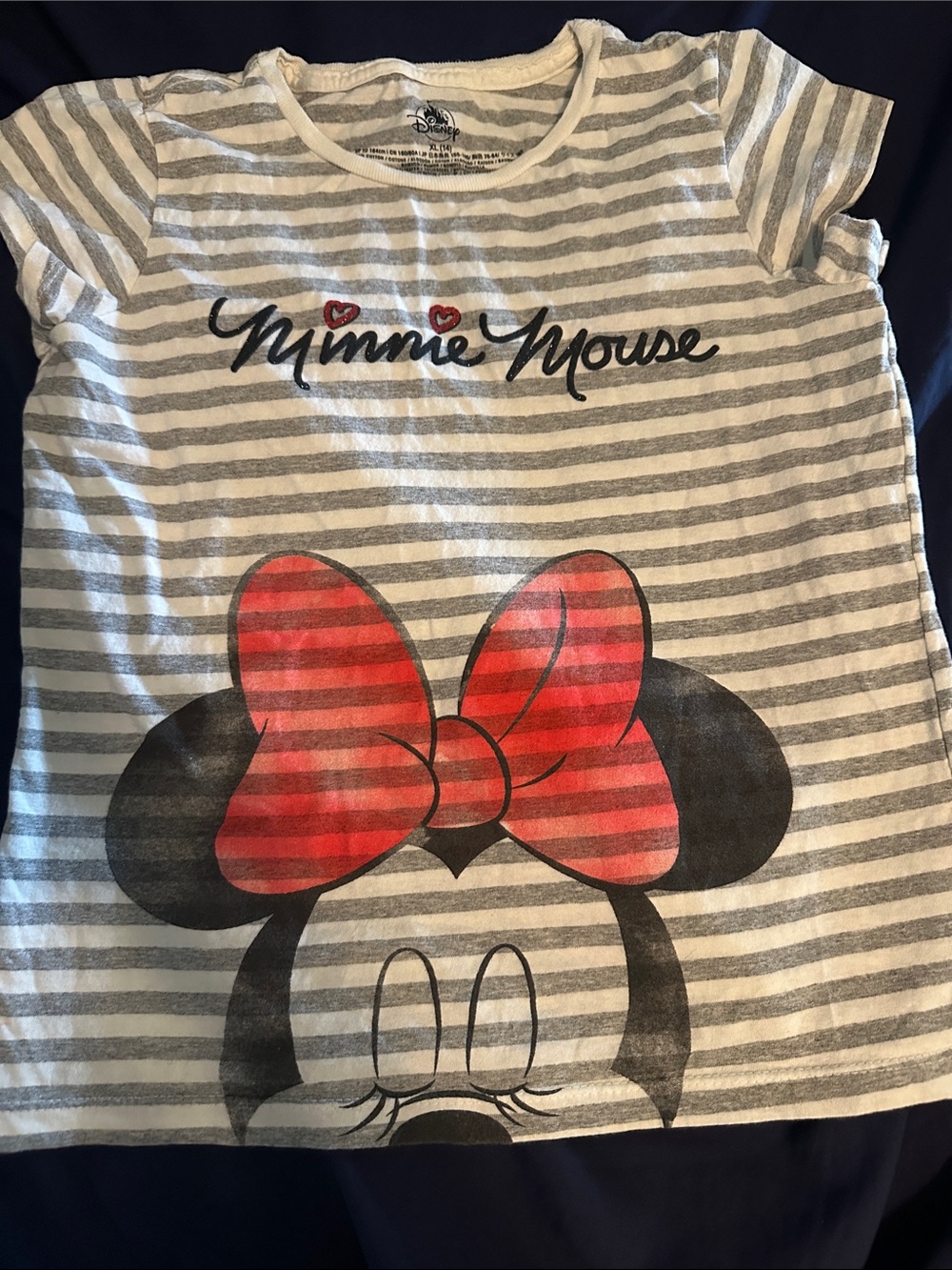 Disney Minnie Mouse Gray & White Striped Tee with Red Bow Graphic
